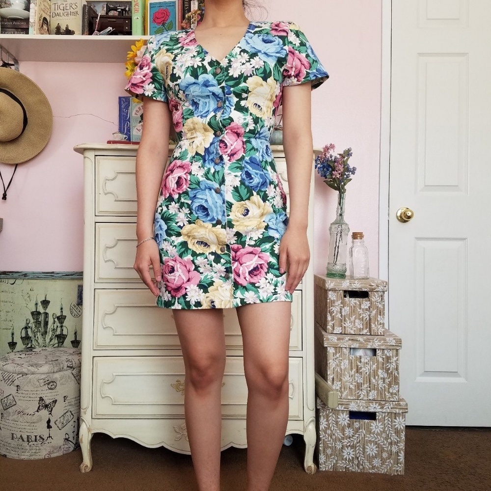 Vintage 90s Paris Blues Floral Dress